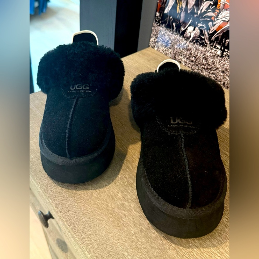 UGG Black Fur-Lined Platform Slippers